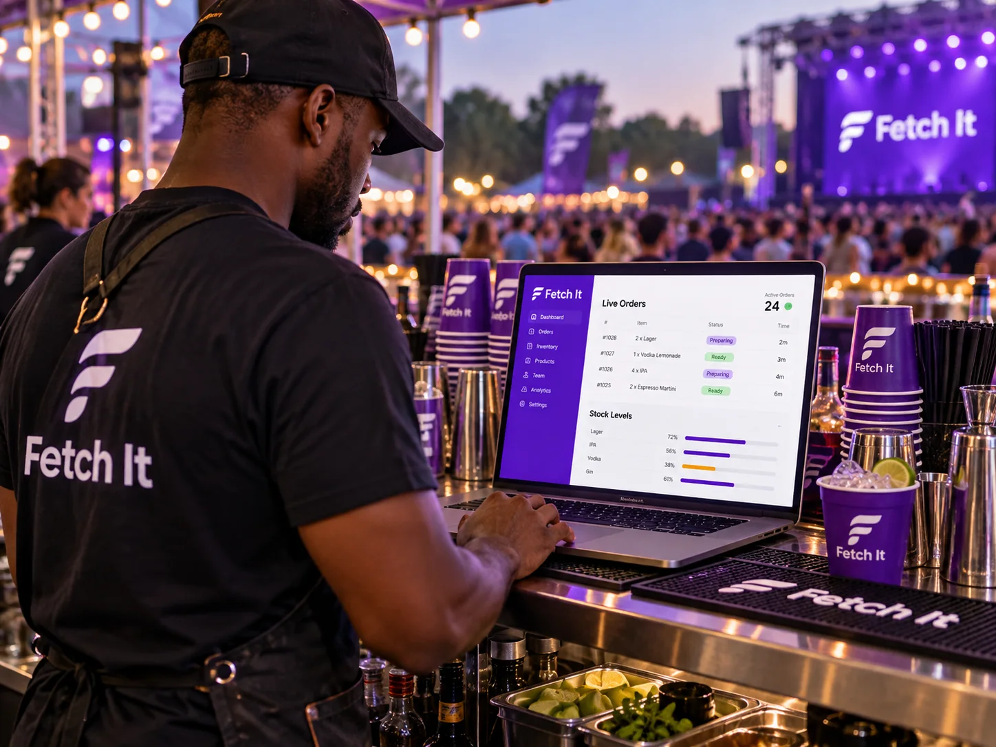 Fetch It team operating the platform at a festival bar