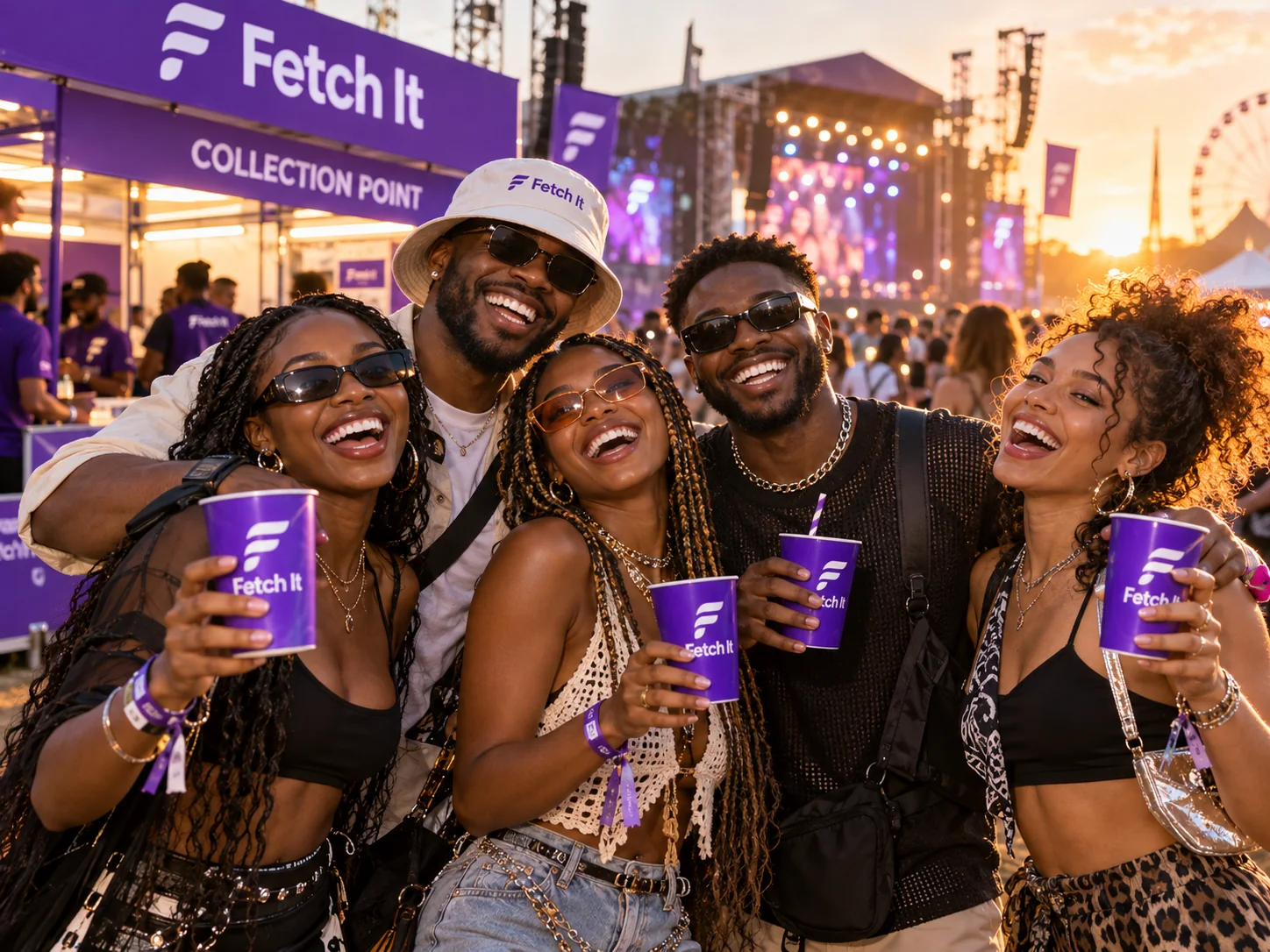 Friends enjoying a festival with Fetch It
